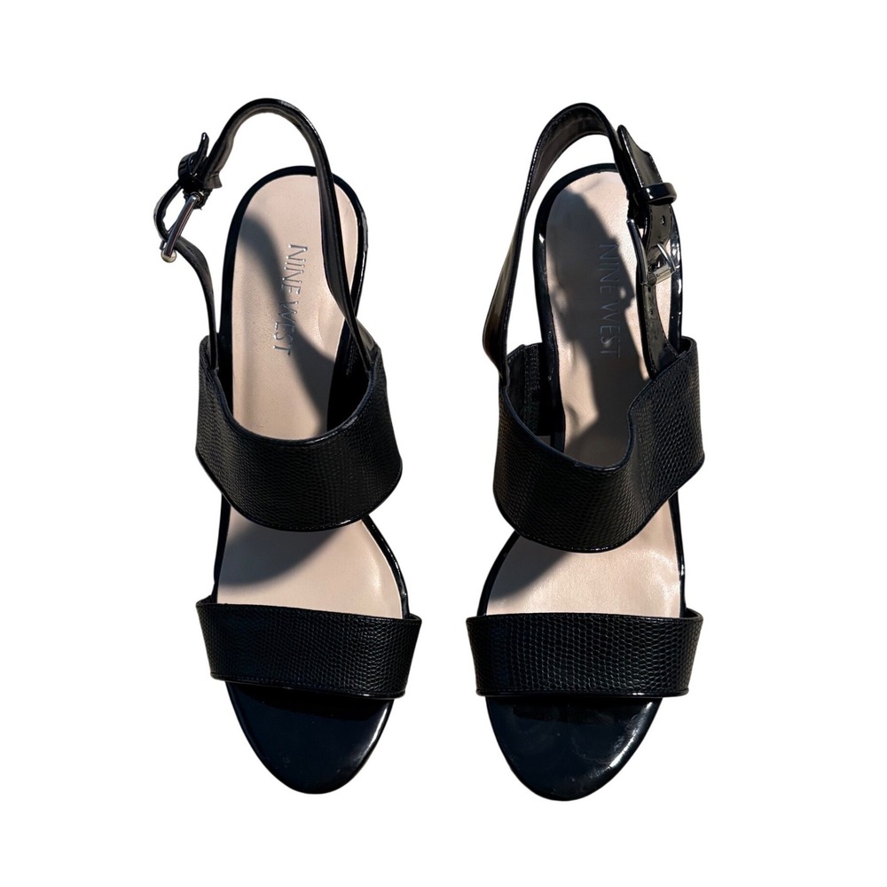 Nine West Lucini Black Snakeskin Patent Cork Wedge Sandals Womens 8.5 M